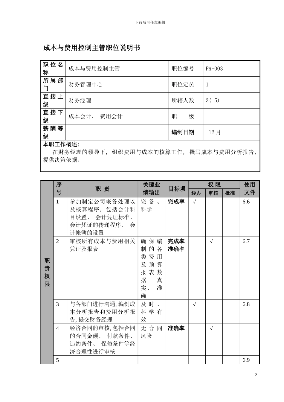 成本与费用控制主管职位说明书及关键绩效标准模板_第2页