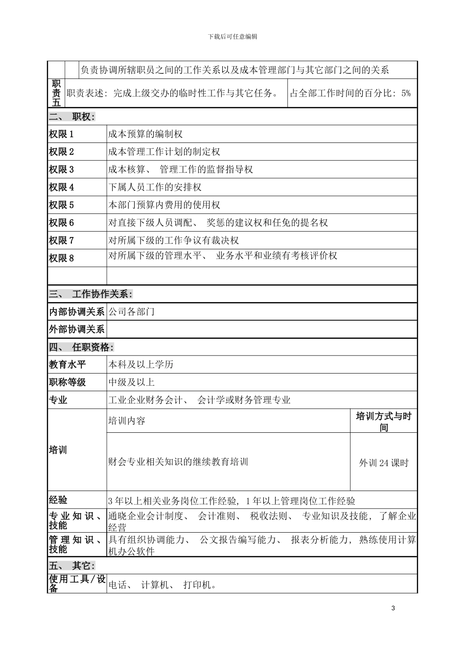 成本主管职位说明书模板_第3页
