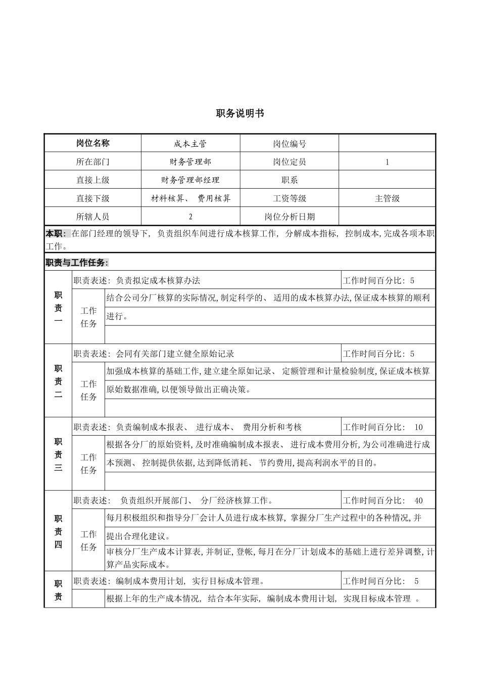 成本主管职务说明书模板_第2页