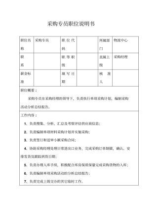 生产制造型企业采购专员职位说明书