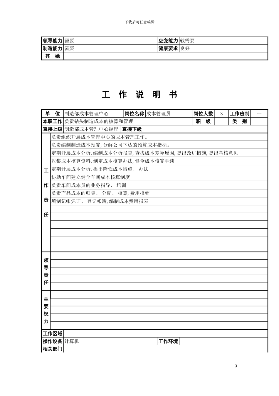 成本管理中心工作说明书模板_第3页