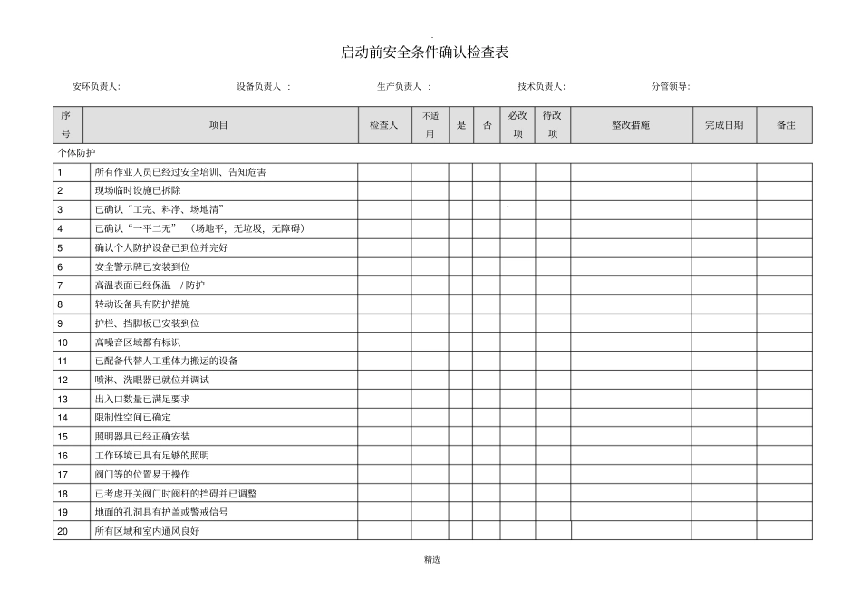 生产开车前安全条件确认检查表_第1页