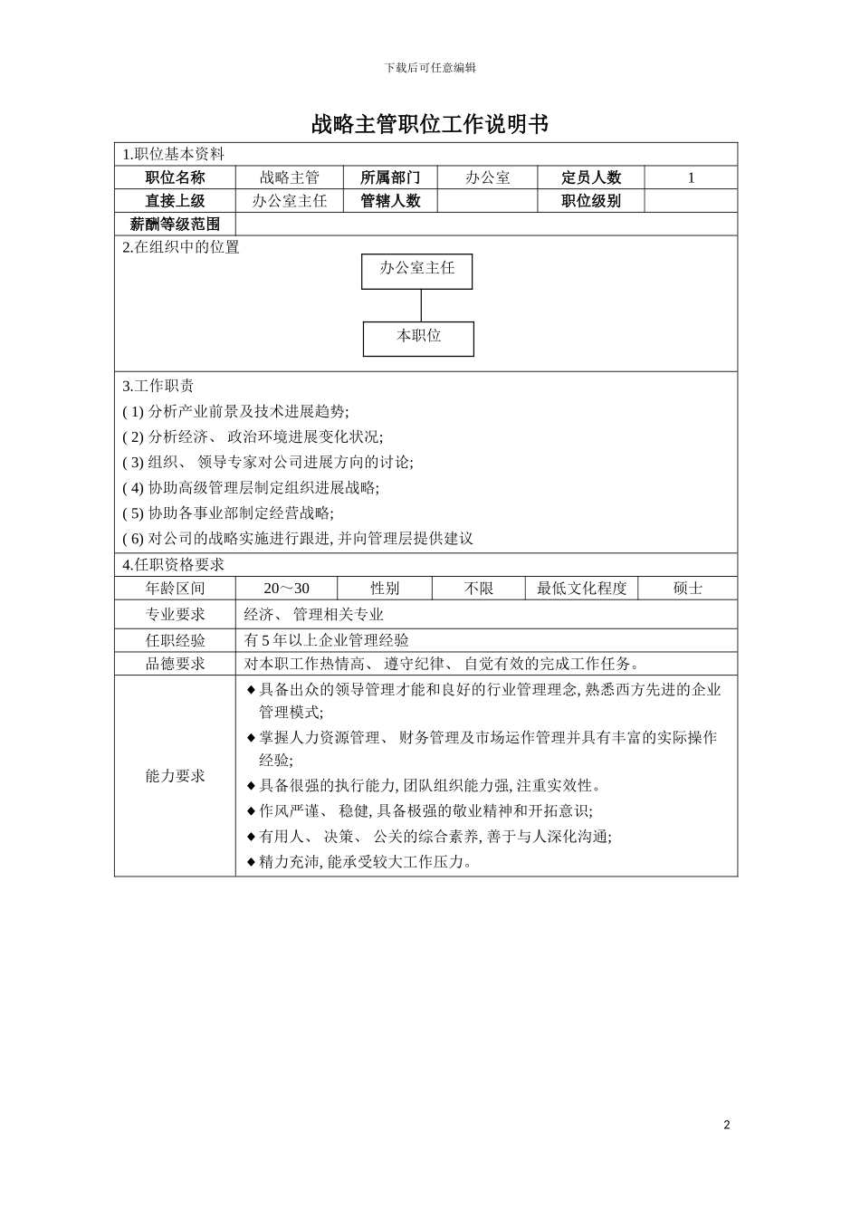 战略主管职位工作说明书模板_第2页