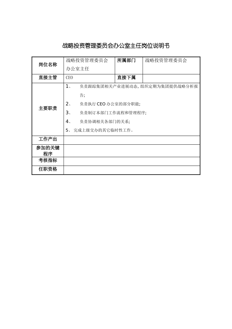 战略投资管理委员会办公室主任岗位说明书模板_第2页