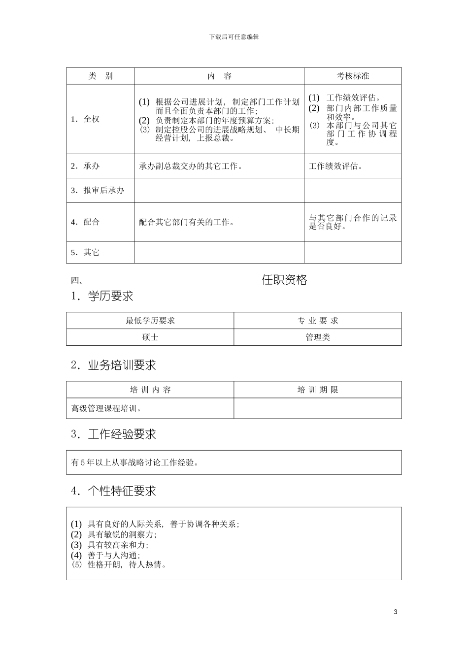 战略策划部经理职位说明书模板_第3页