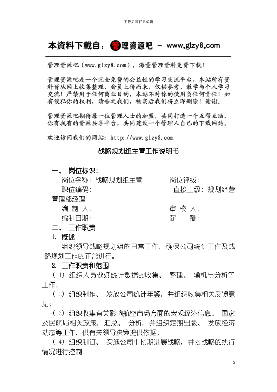 战略规划组主管工作说明书模板_第2页