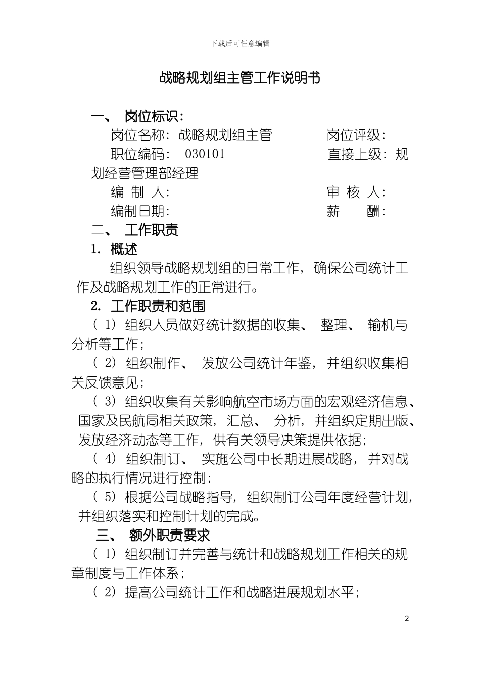 战略规划组主管职位说明书模板_第2页