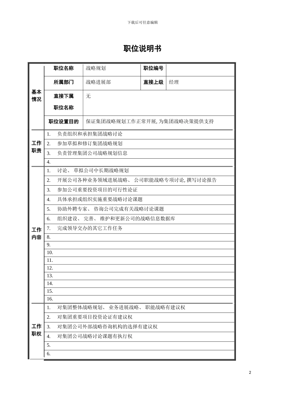 战略规划职位说明书模板_第2页