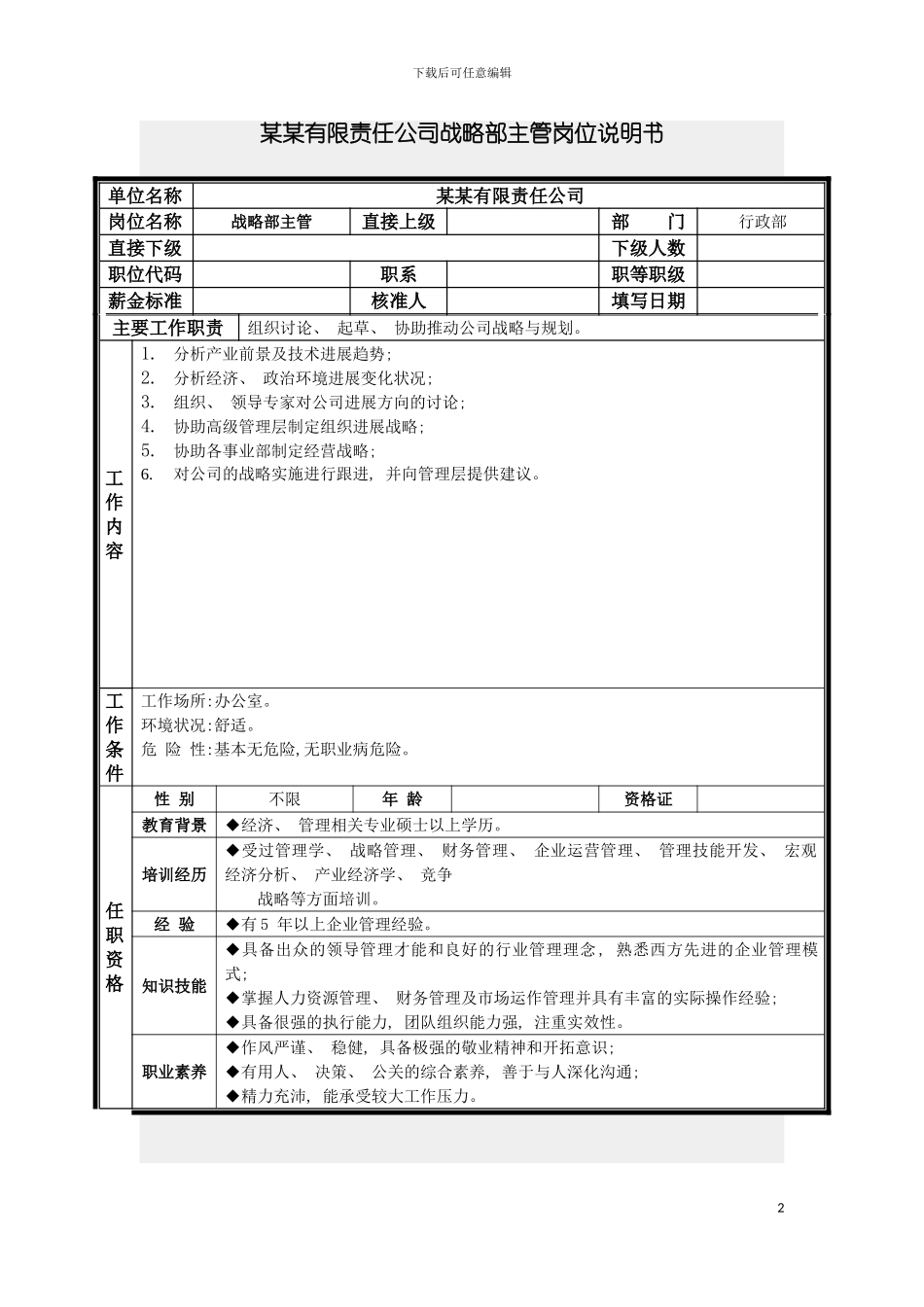 战略部主管岗位说明书模板_第2页