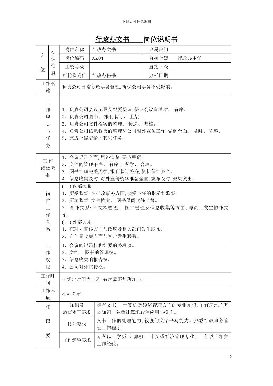 房产公司行政办文书岗位说明书模板_第2页