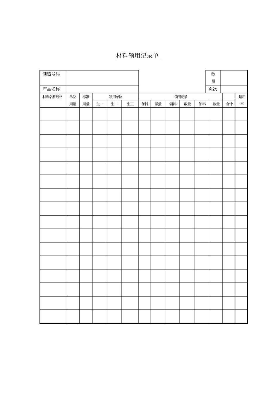 生产记录表格材料-领用记录单_第1页