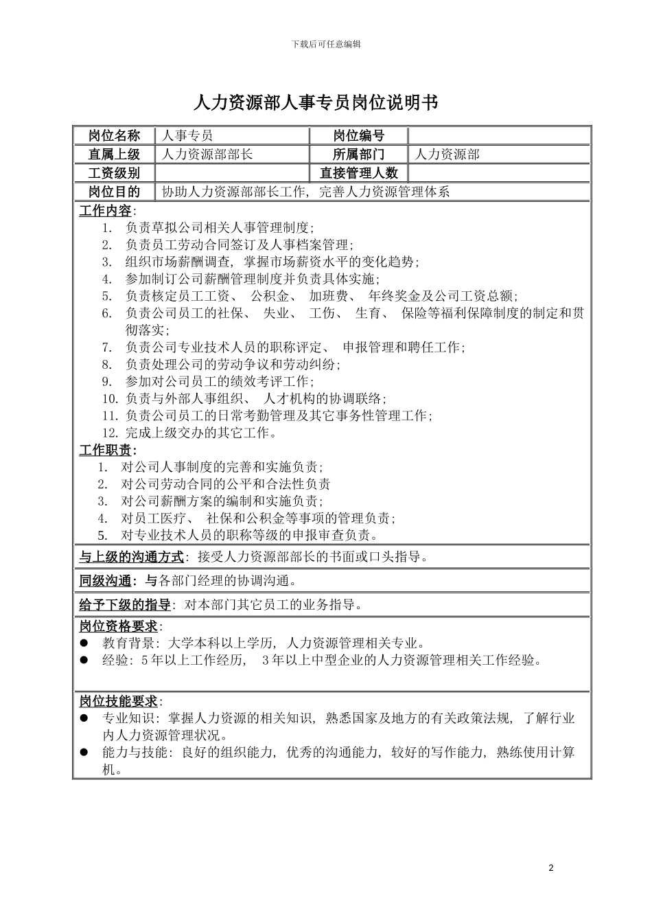 房地产业人力资源部人事专员岗位说明书模板_第2页