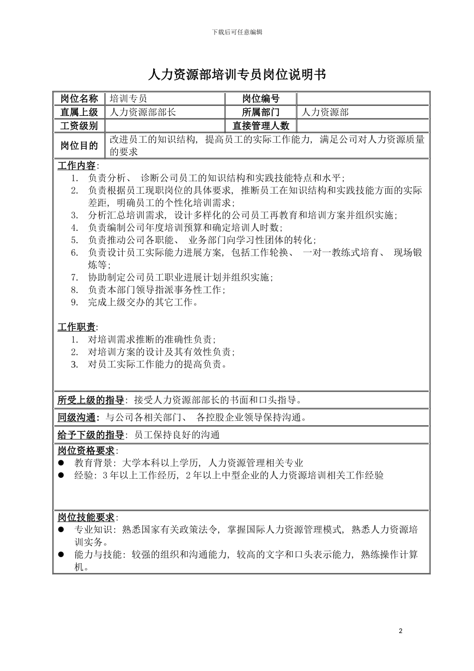房地产业人力资源部培训专员岗位说明书模板_第2页