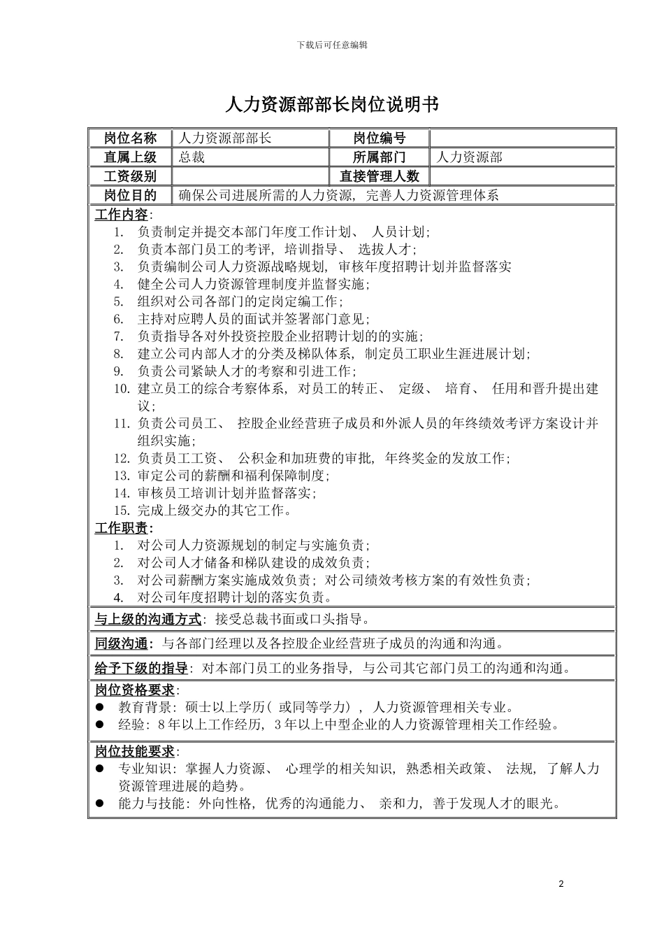 房地产业人力资源部部长岗位说明书模板_第2页