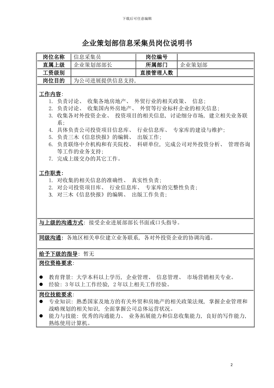 房地产业企划部信息采集员岗位说明书模板_第2页