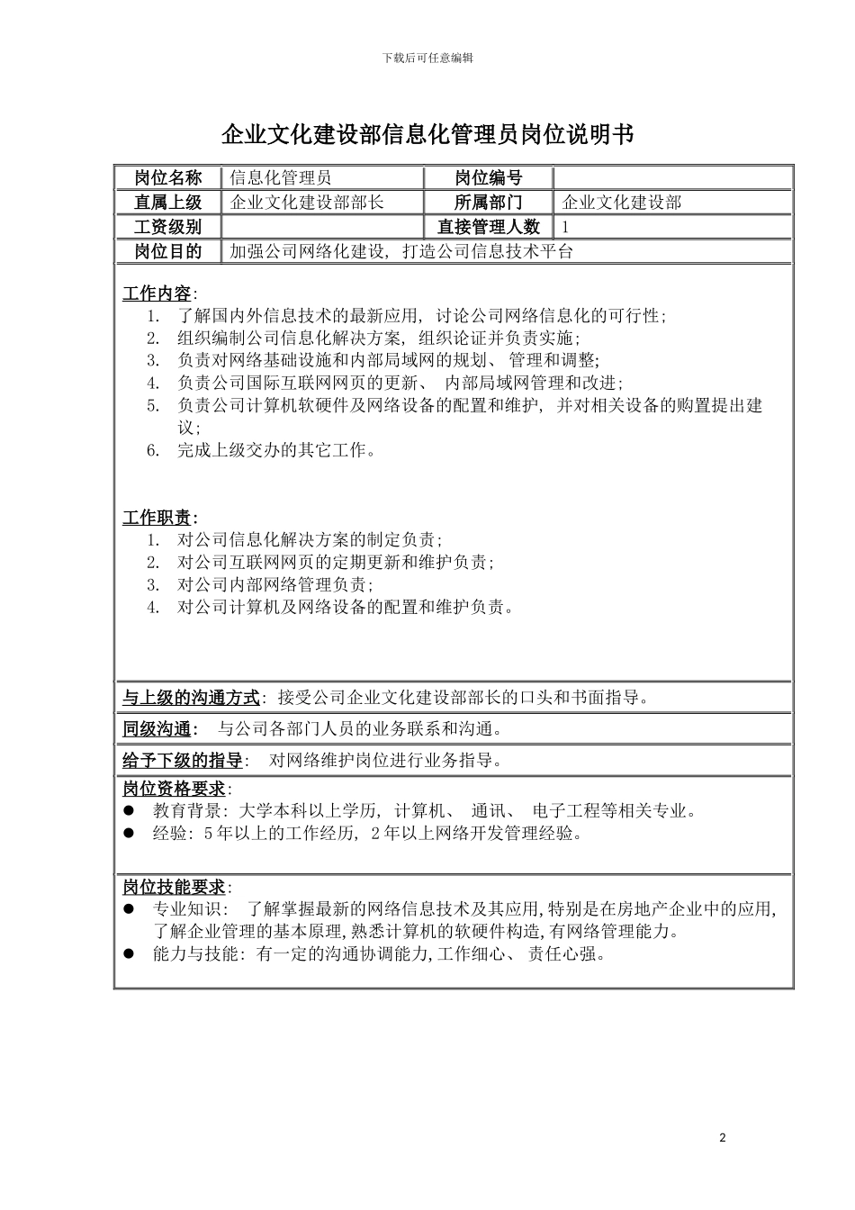 房地产业信息化管理员岗位说明书模板_第2页