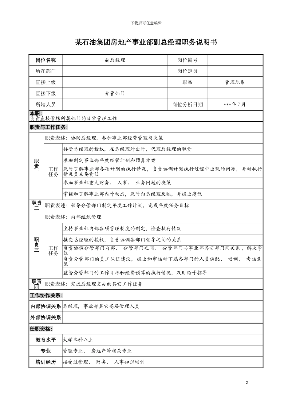 房地产事业部副总经理职务说明书模板_第2页