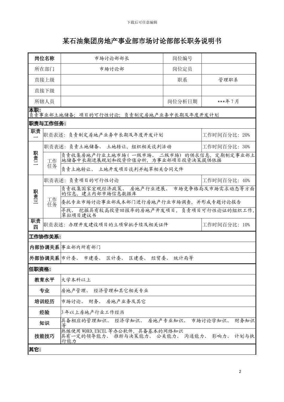 房地产事业部市场研究部部长职务说明书模板_第2页
