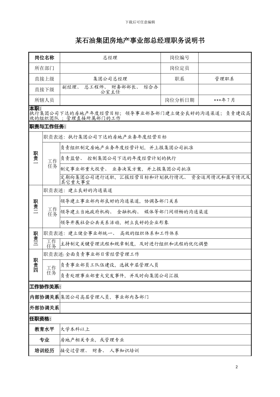 房地产事业部总经理职务说明书模板_第2页