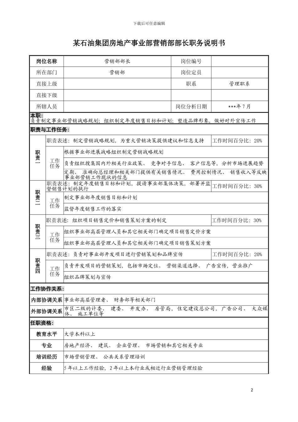 房地产事业部营销部部长职务说明书模板_第2页