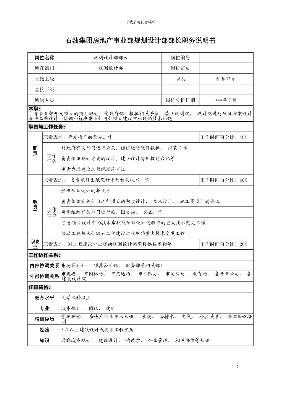 房地产事业部规划设计部部长职务说明书模板_第2页