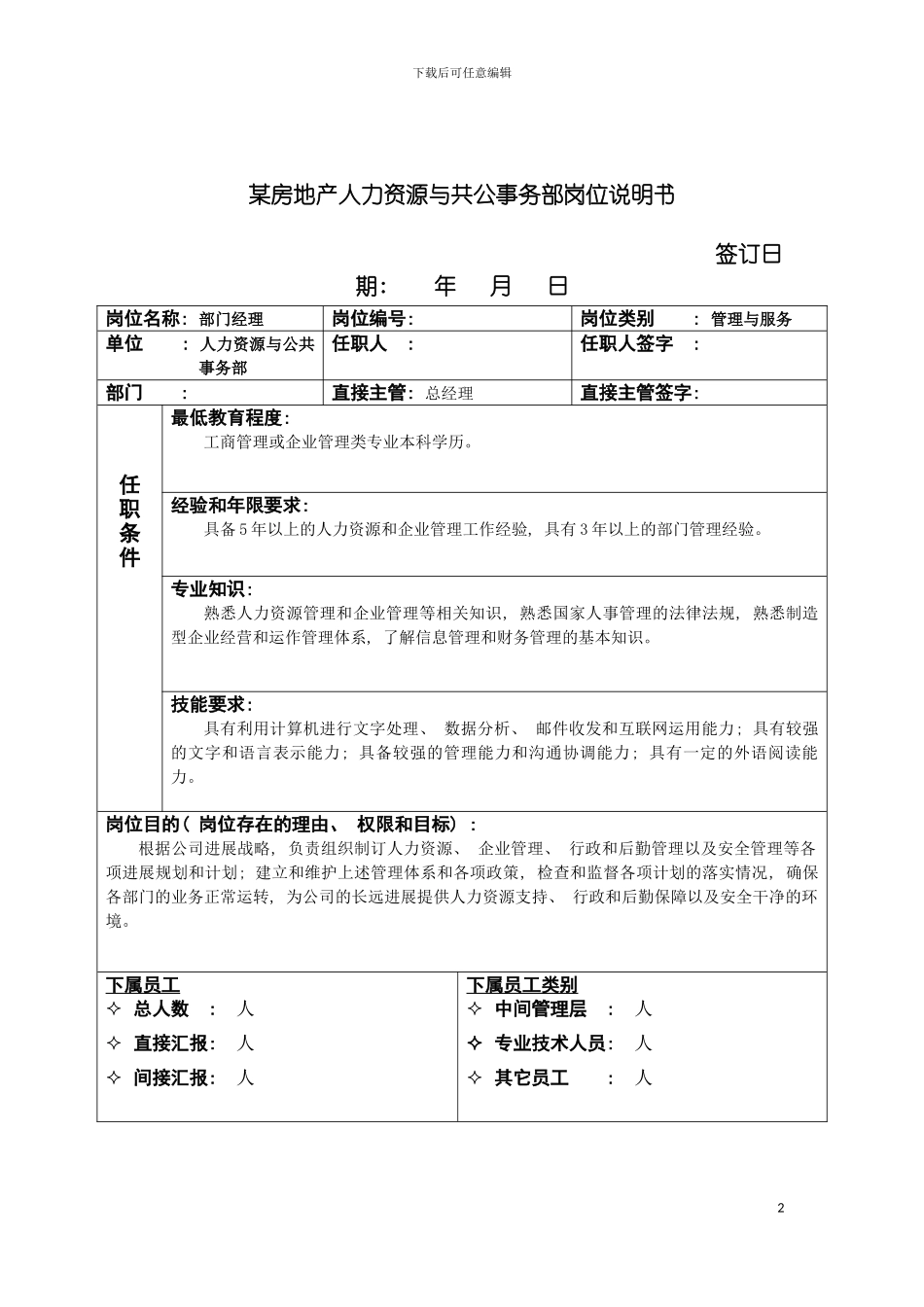 房地产人力资源与共公事务部岗位说明书模板_第2页