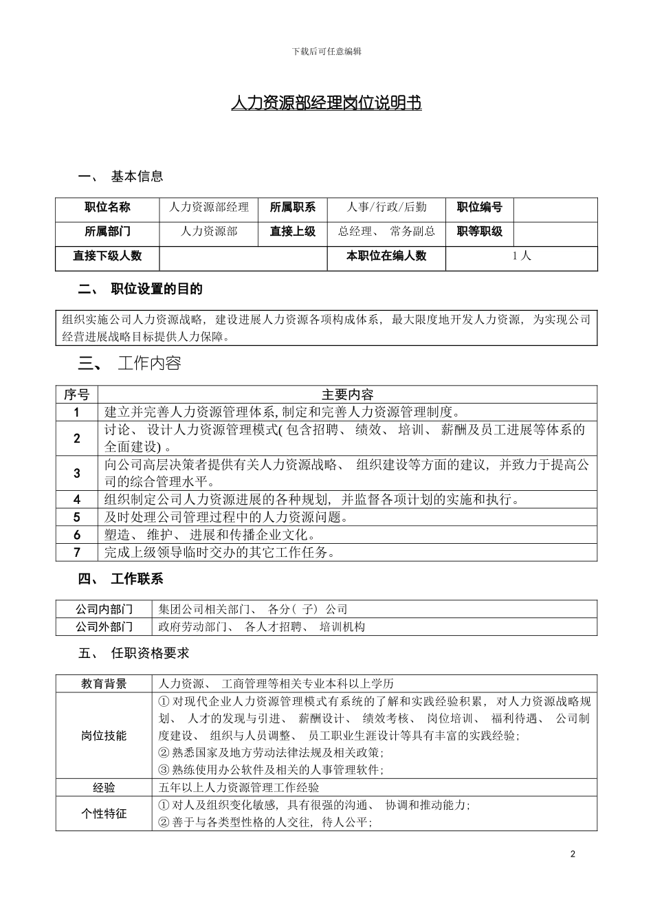 房地产公司人力资源部经理岗位说明书模板_第2页