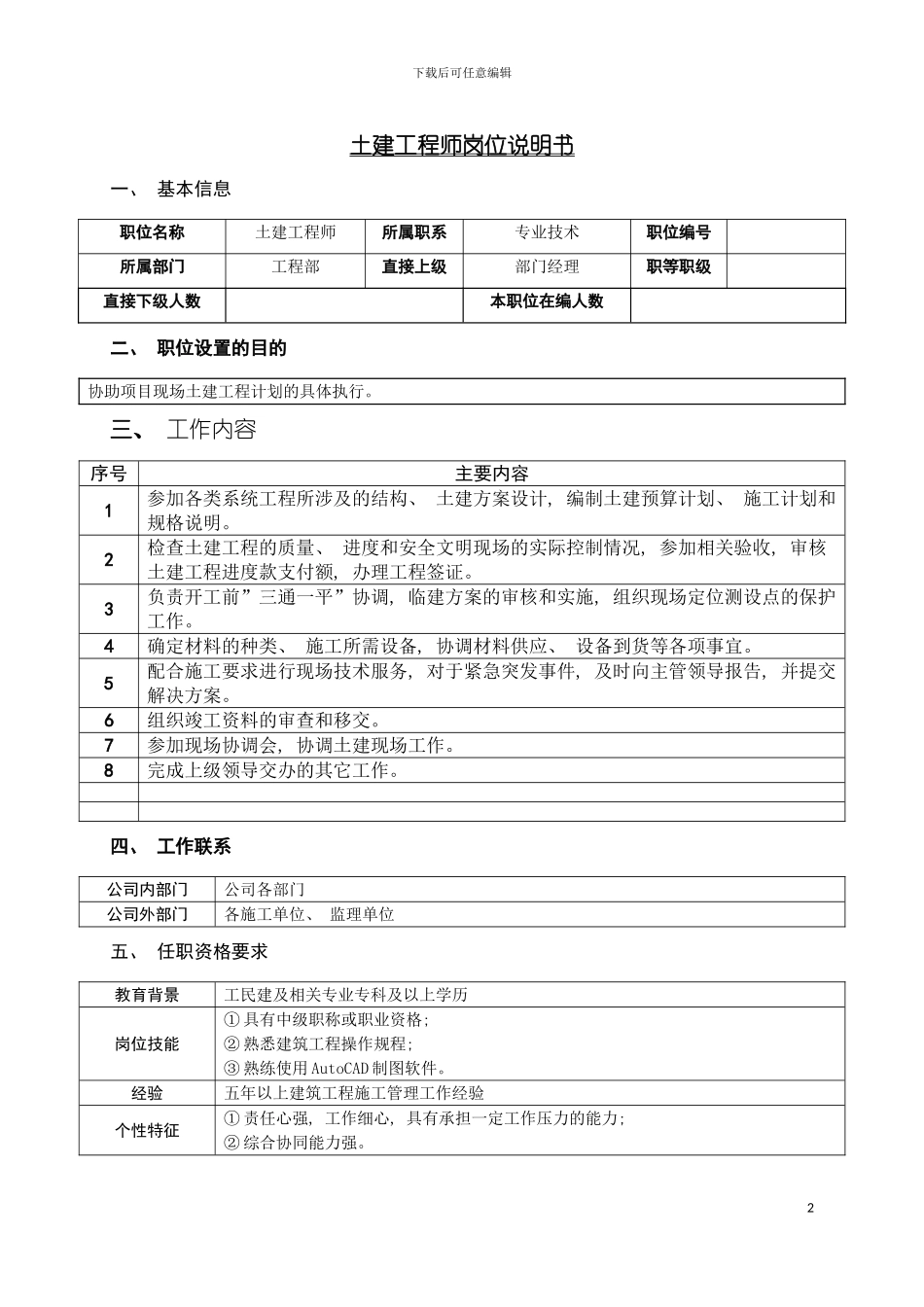 房地产公司土建工程师岗位说明书模板_第2页