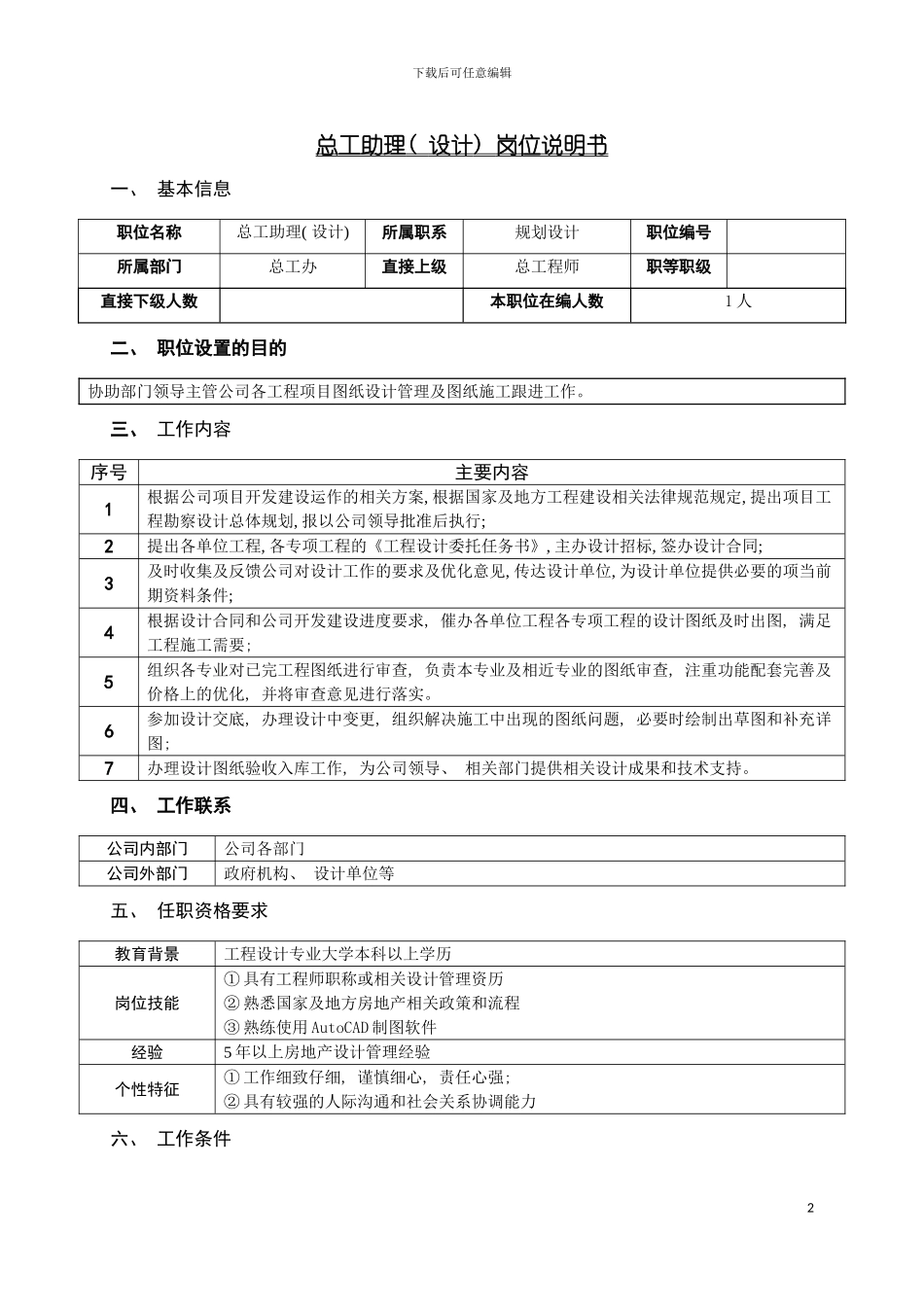 房地产公司总师助理设计岗位说明书模板_第2页