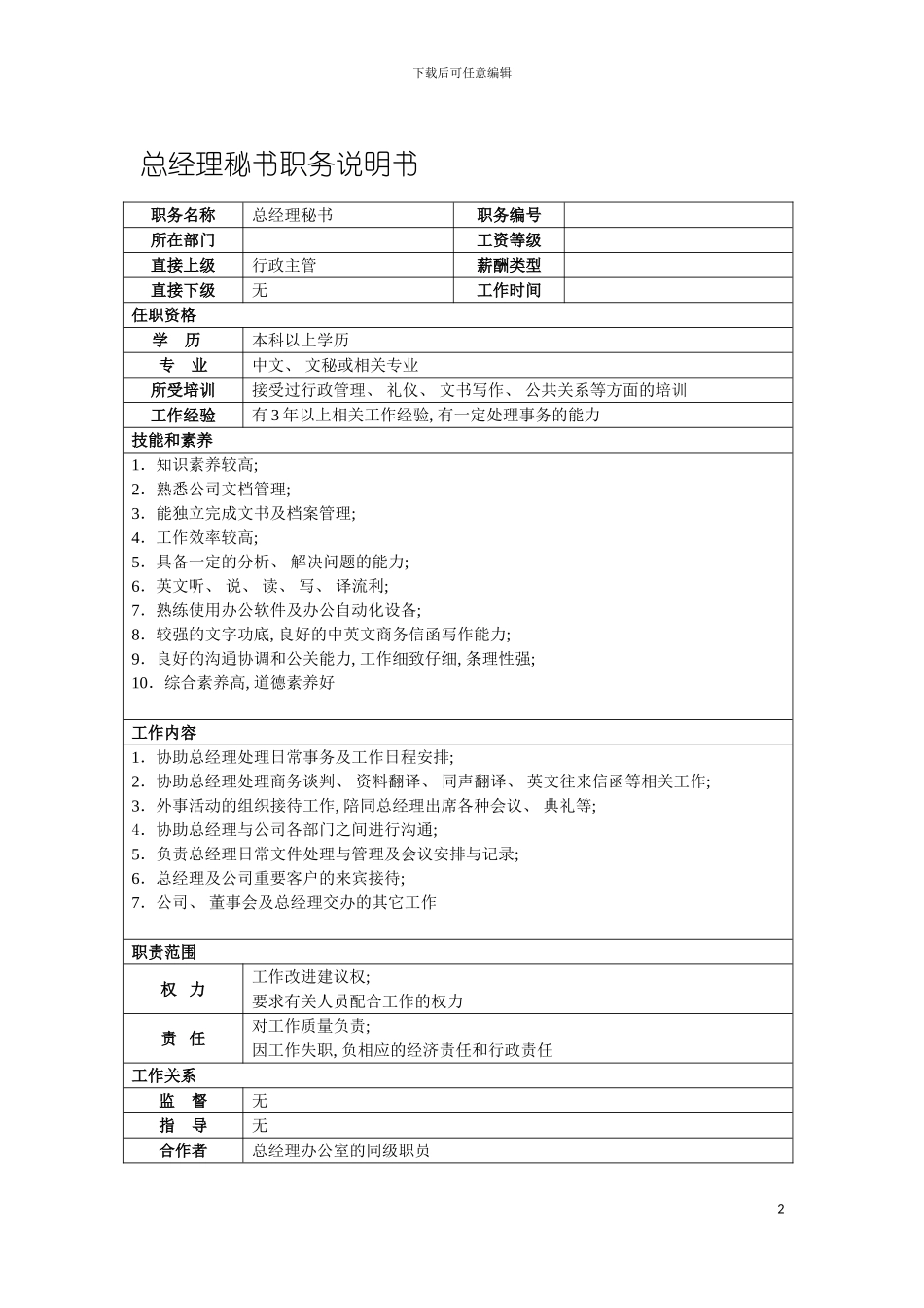 房地产公司总经理秘书职务说明书模板_第2页