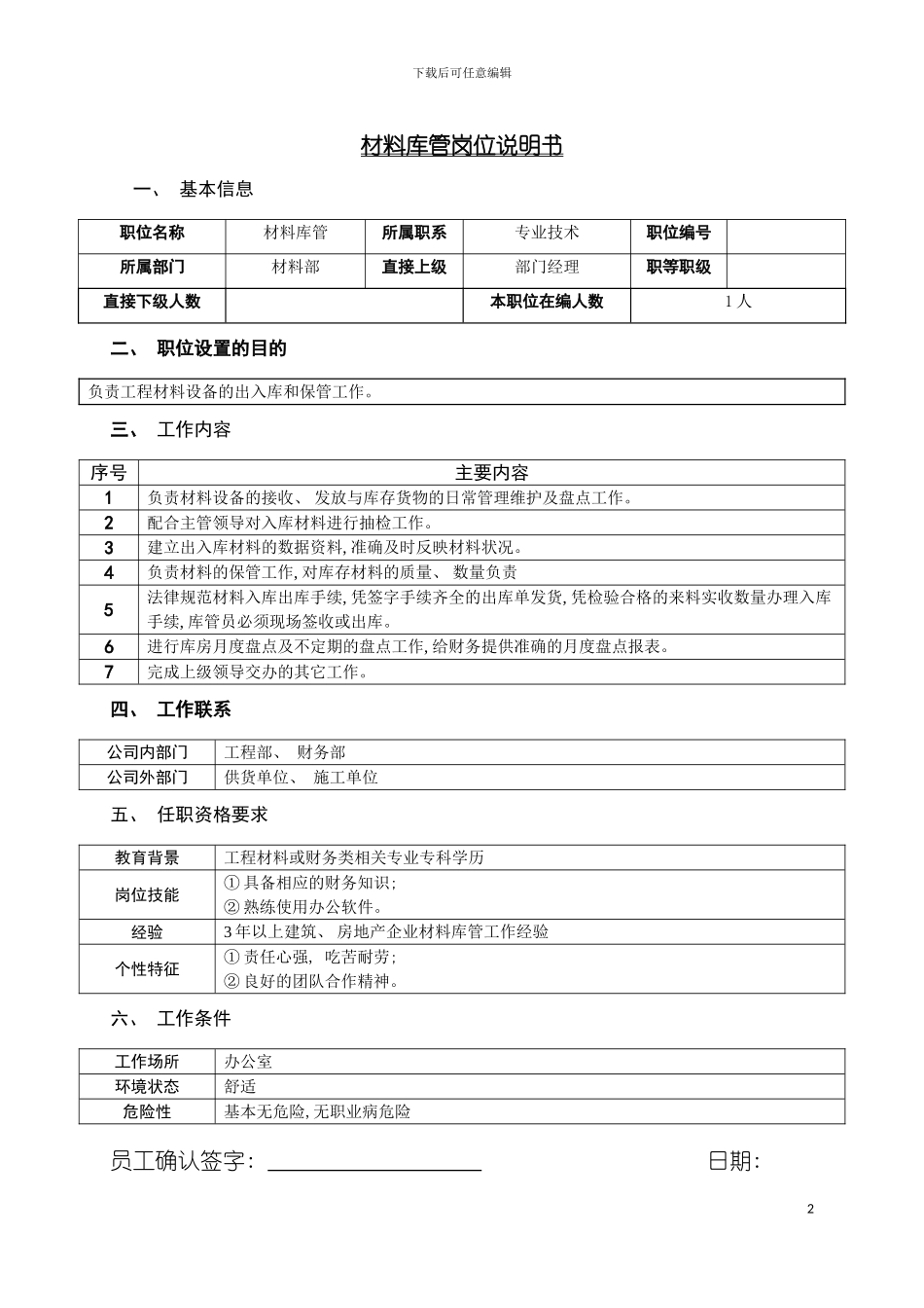 房地产公司材料库管岗位说明书模板_第2页
