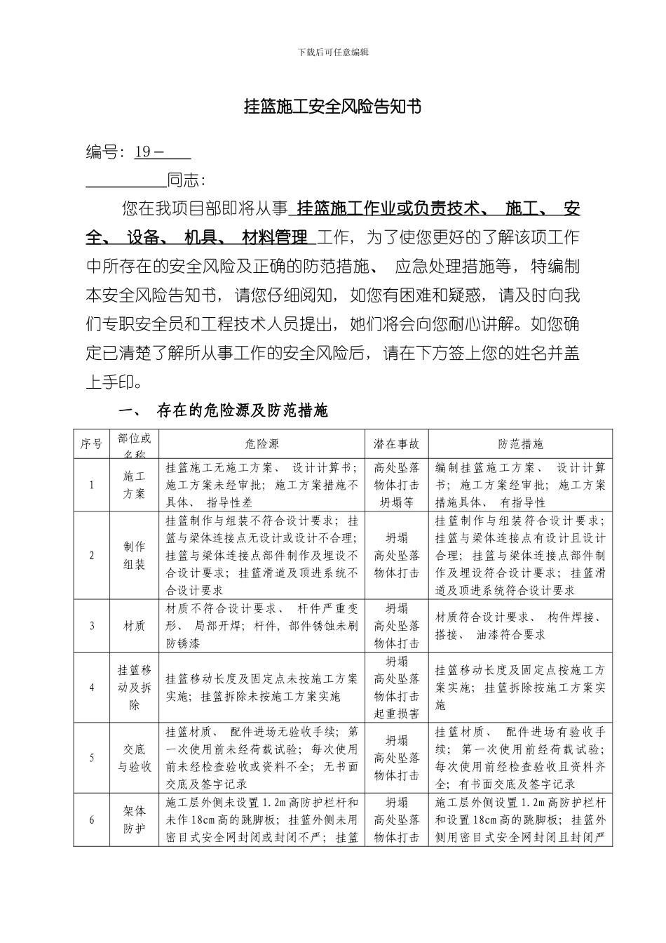 挂篮施工安全风险告知书样本_第1页