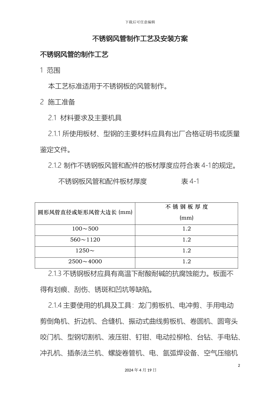 排油烟不锈钢风管制作工艺及安装方案_第2页