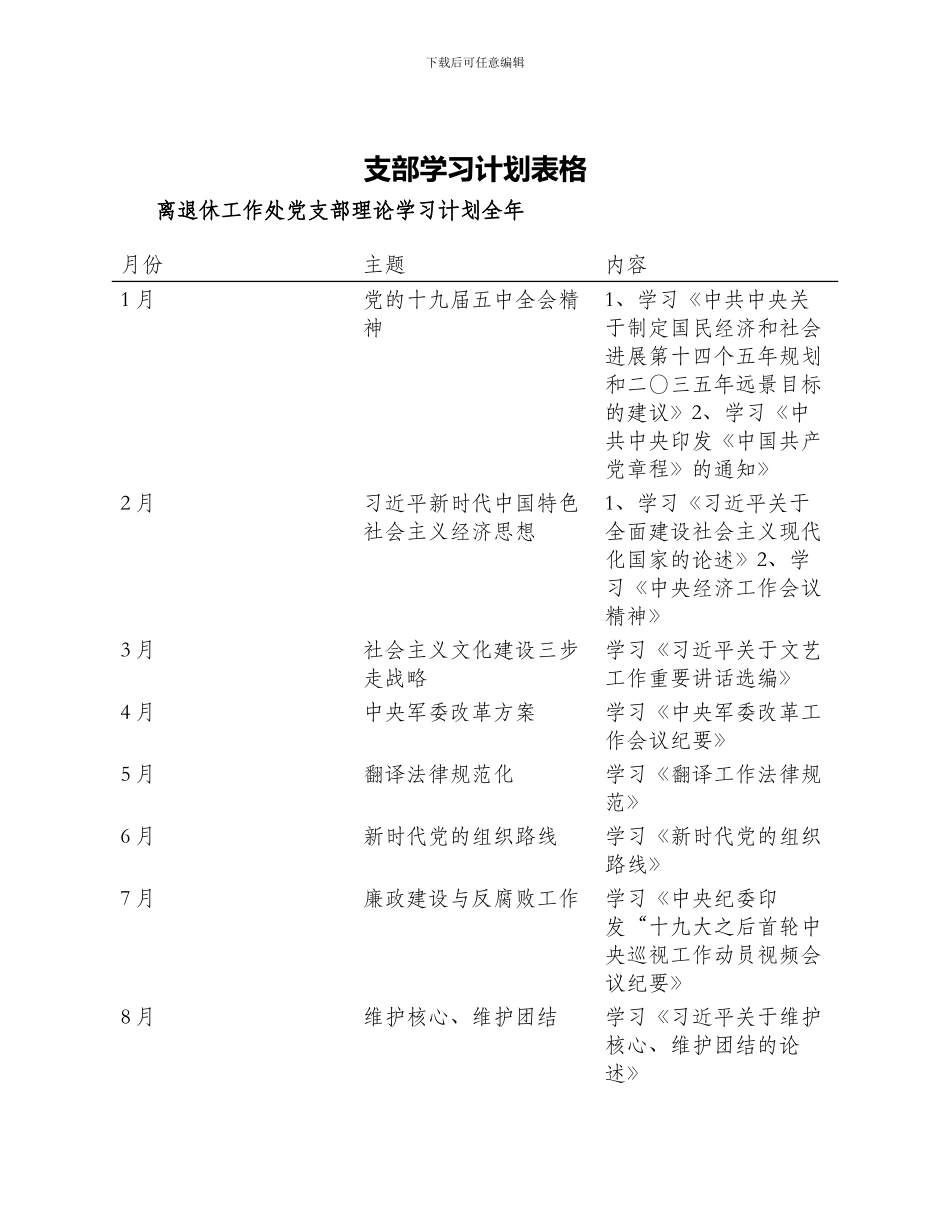 支部学习计划表格离退休工作处党支部理论学习计划全年_第1页