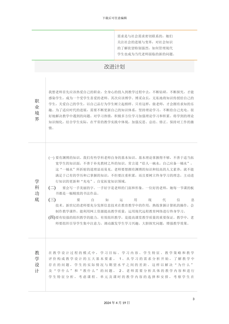 教师个人教学问题年度改进计划参考表单_第3页