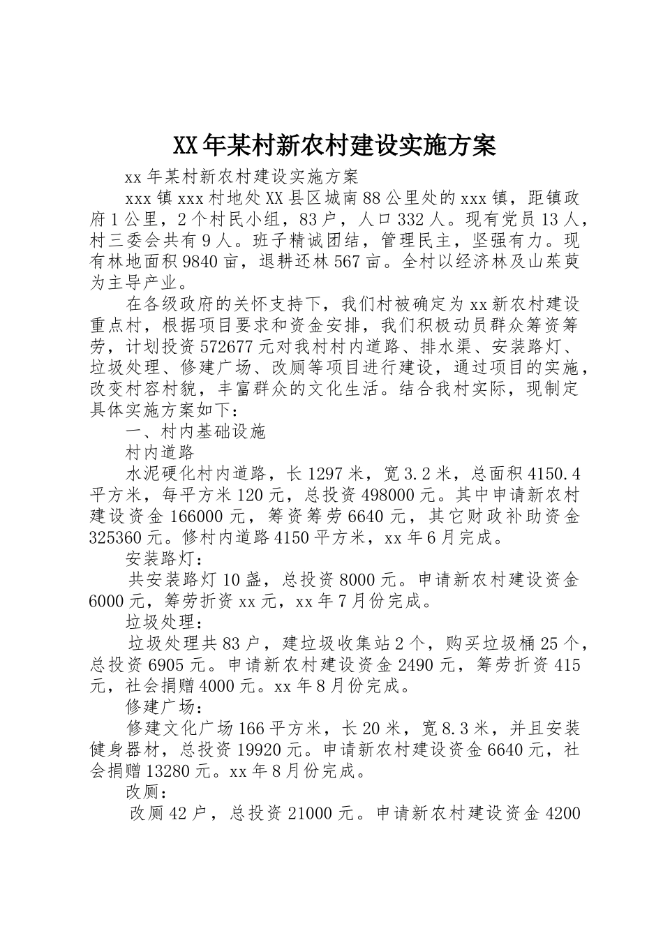 XX年某村新农村建设实施方案_第1页