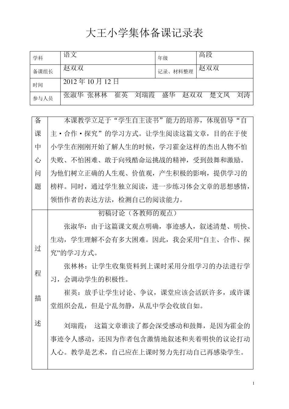 大王小学语文集体备课记录表_第1页