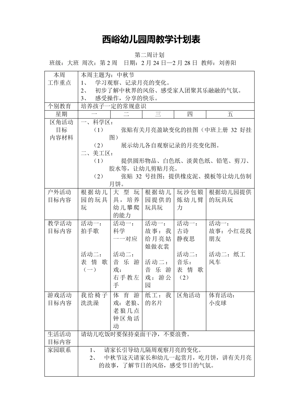 大班幼儿园周工作计划表_第2页