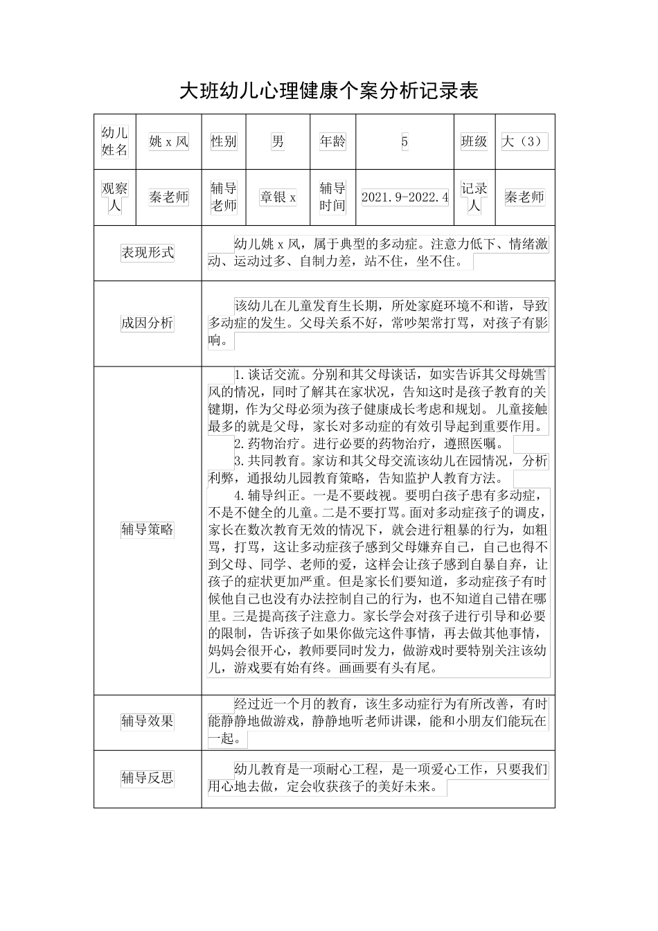 大班幼儿心理健康个案分析记录表_第2页