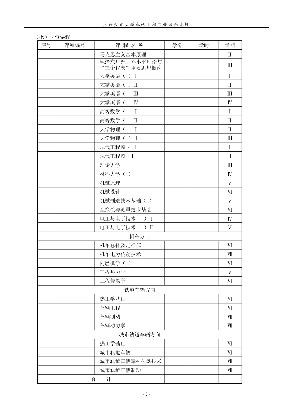 大连交通大学车辆工程专业本科培养详细计划_第2页