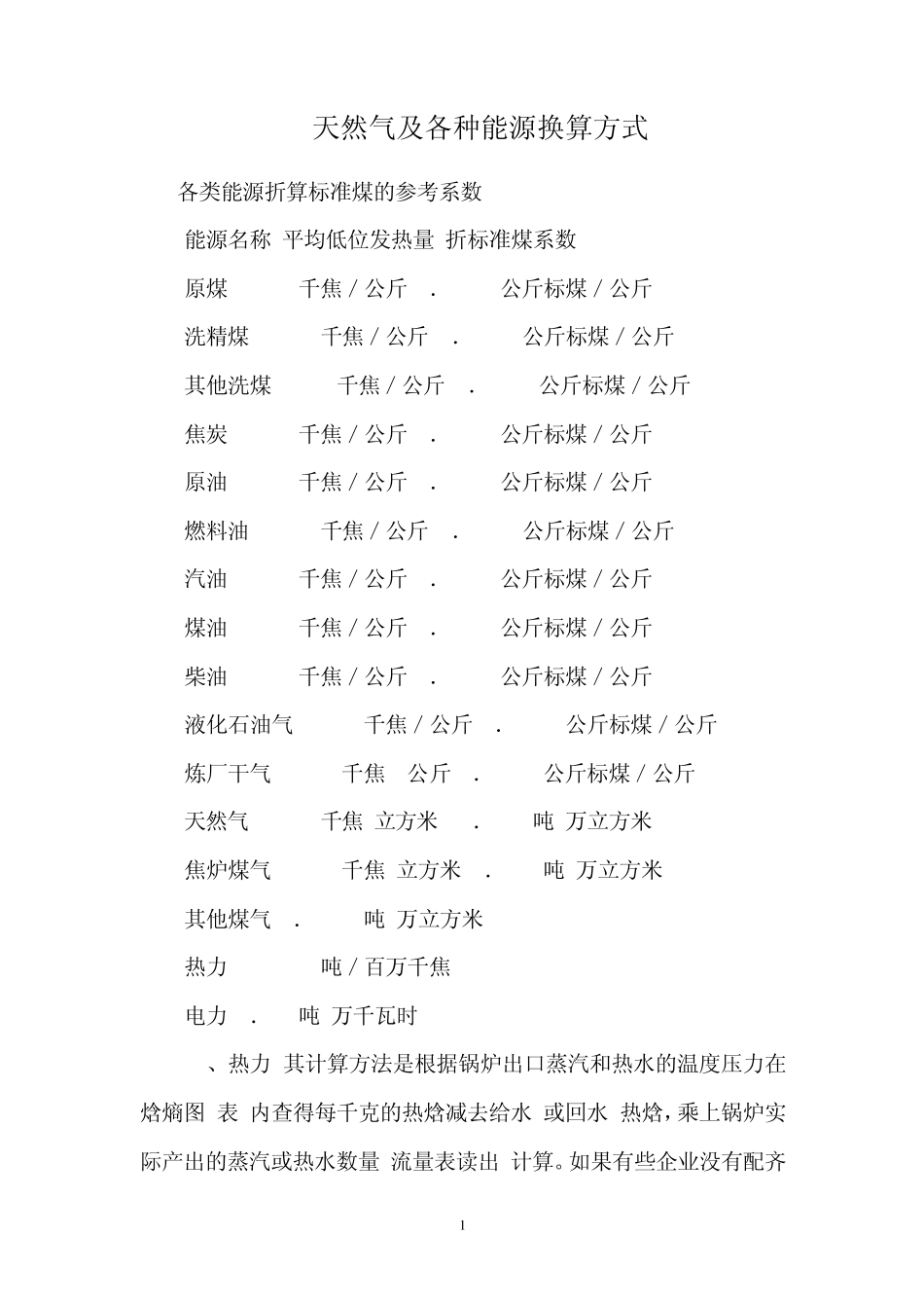 天然气及各种能源换算方式_第1页
