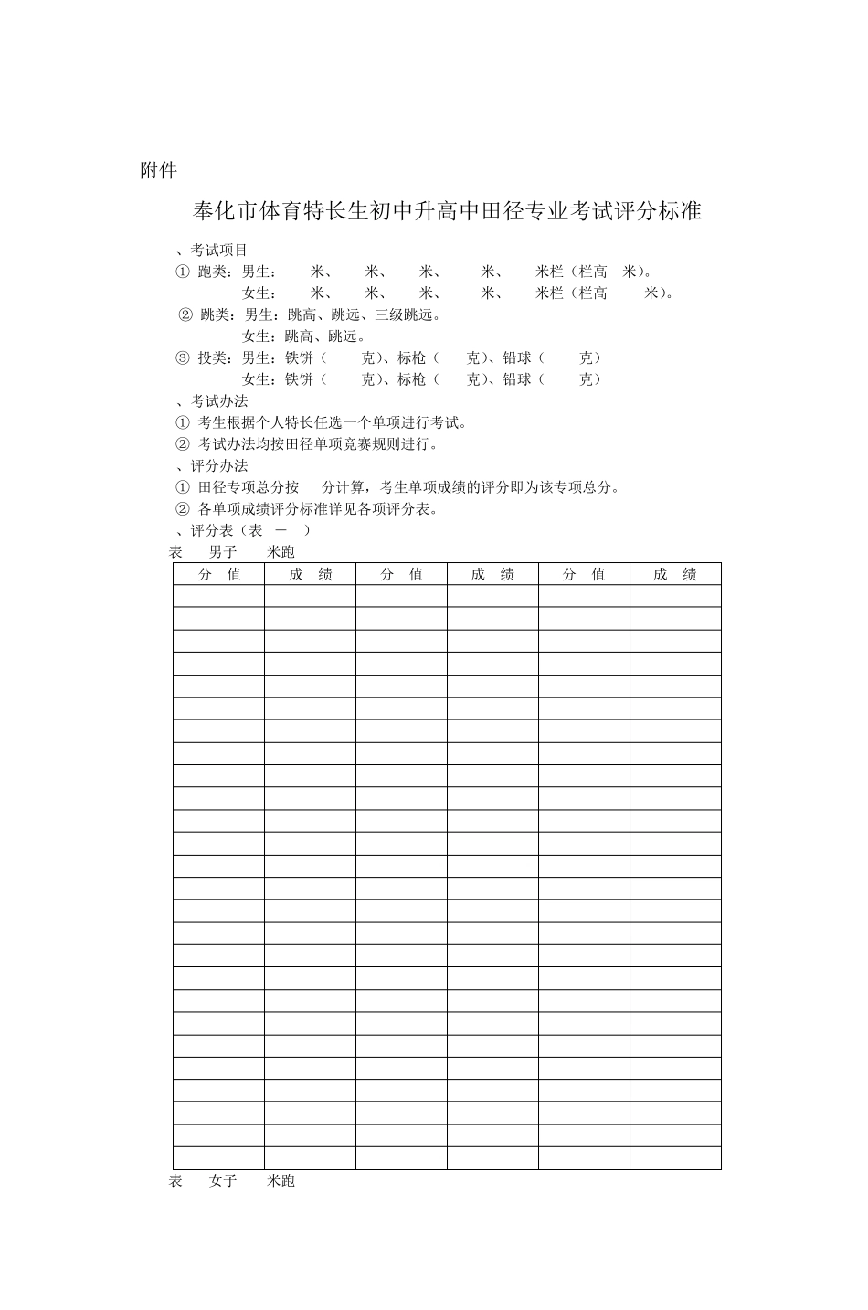 奉化市体育特长生初中升高中田径专业考试评_第1页