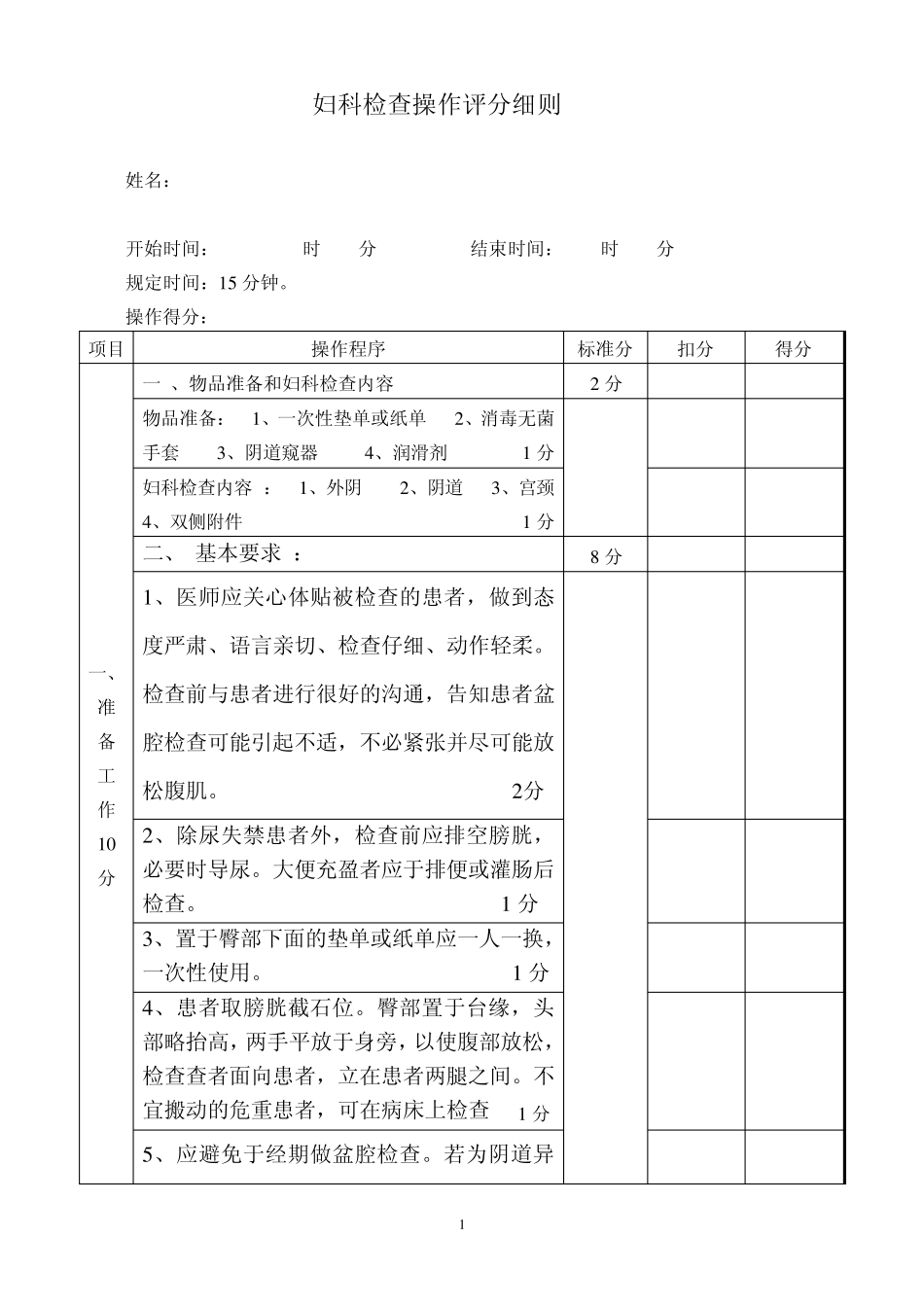妇幼健康技能竞赛妇科检查评分表_第1页