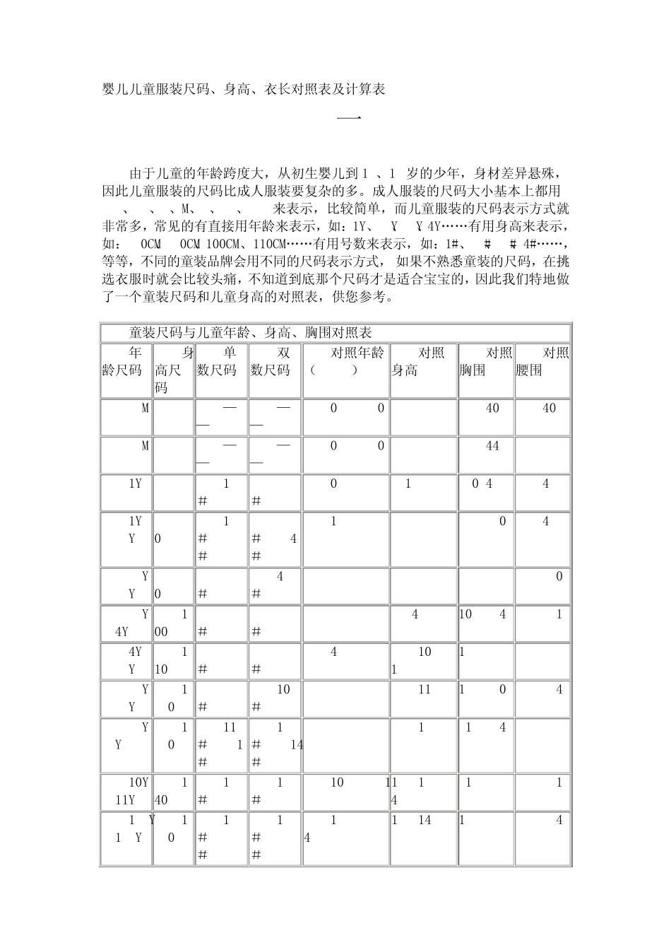 婴儿儿童服装尺码、身高、衣长对照表及计算表_第1页