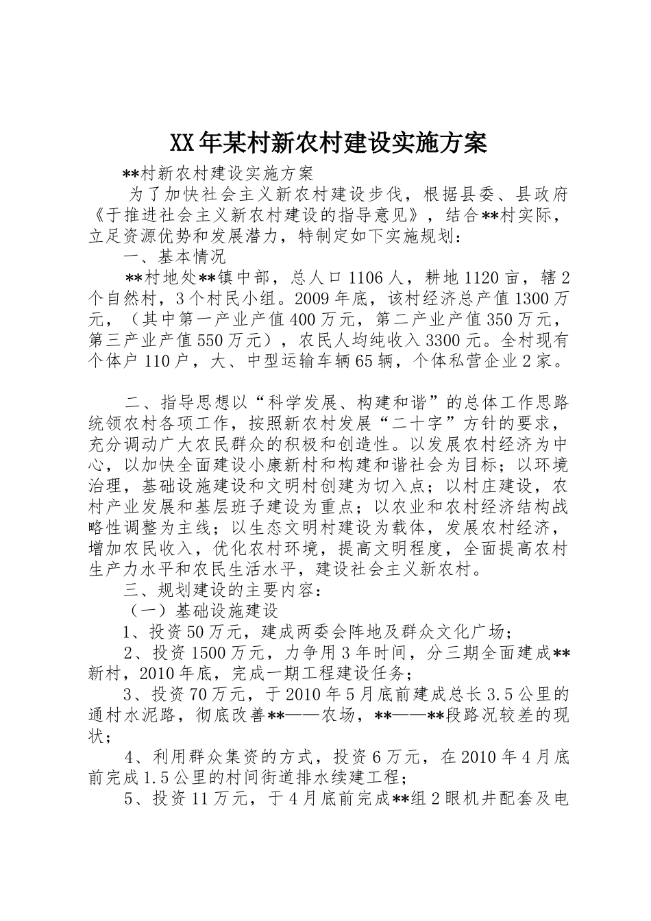 XX年某村新农村建设实施方案_1_第1页