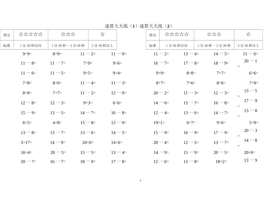 20以内进退位加减法-口算题_第1页