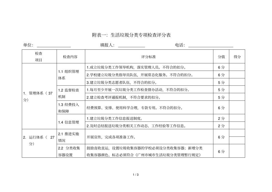 生活垃圾分类专项检查评分表_第1页