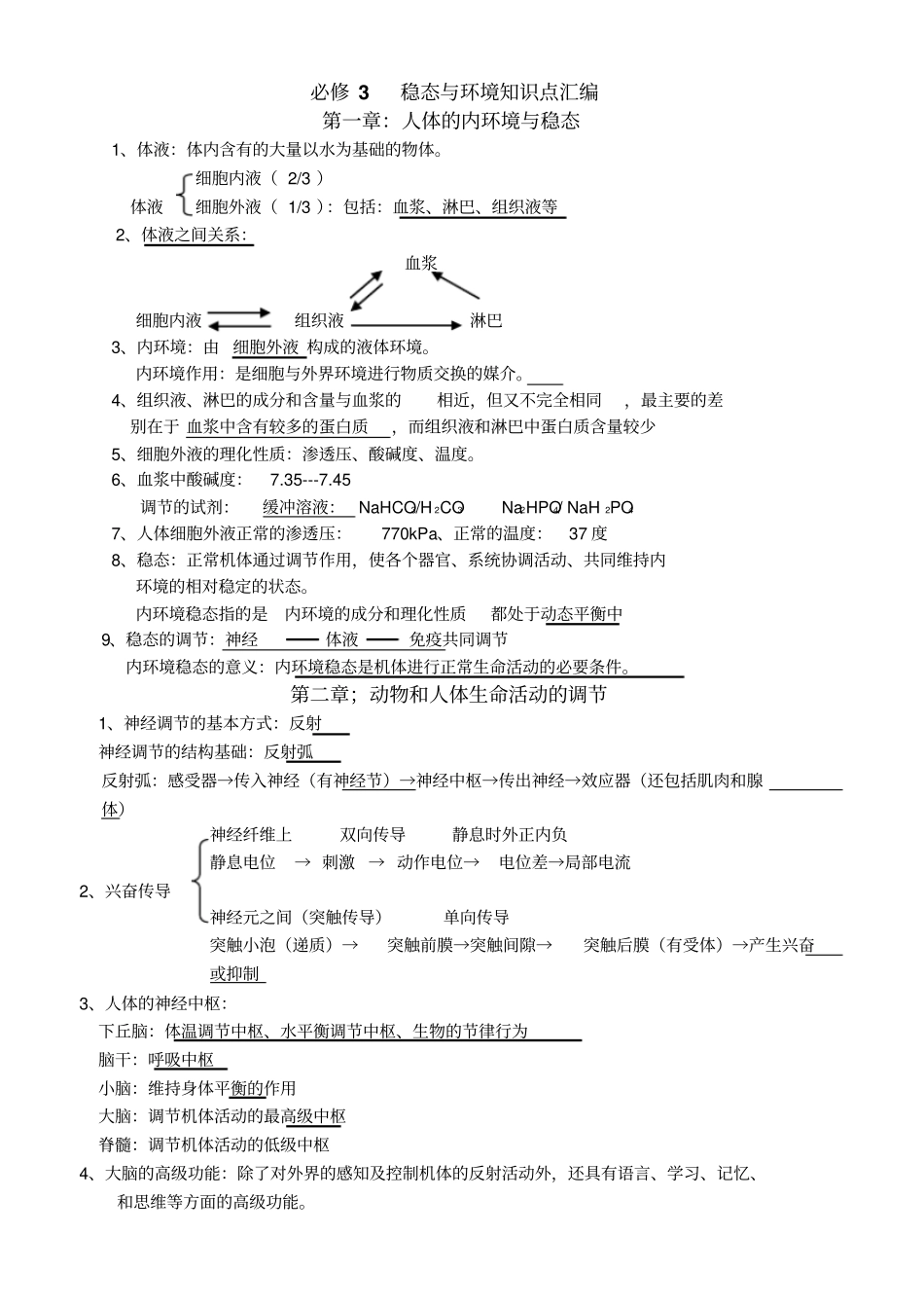 生物必修稳态和环境知识点整理_第1页