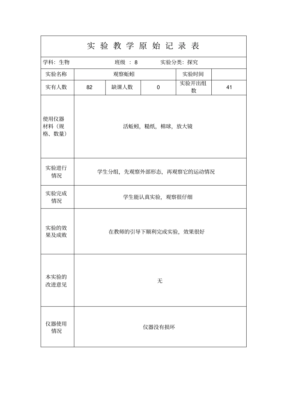 生物试验教学原始记录表_第1页
