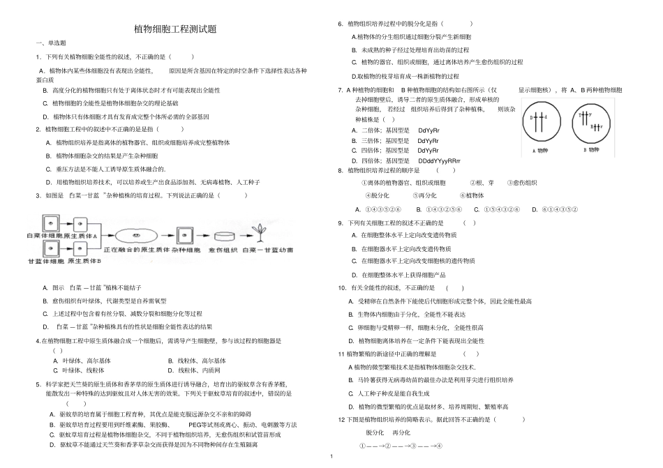 生物选修三植物细胞工程测试题打印_第1页